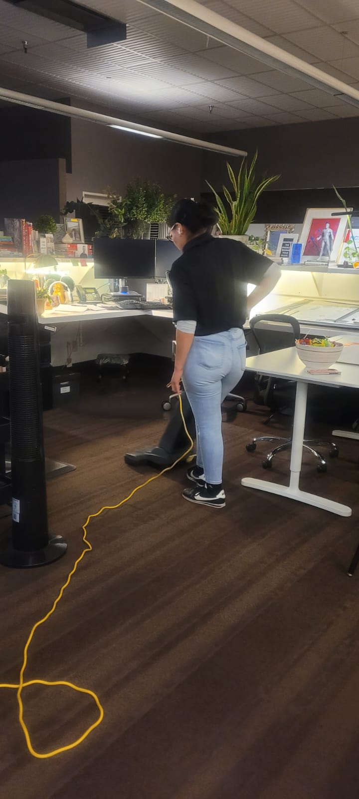 Person vacuuming a carpeted office space with desks, monitors, books, and plants.